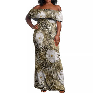 African Leopard Floral Pattern Off Shoulder Maxi Dress Sahara Pearl