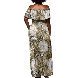 African Leopard Floral Pattern Off Shoulder Maxi Dress Sahara Pearl