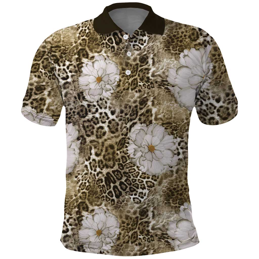 African Leopard Floral Pattern Polo Shirt Sahara Pearl