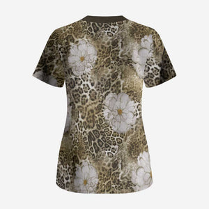 African Leopard Floral Pattern Scrub Top Sahara Pearl