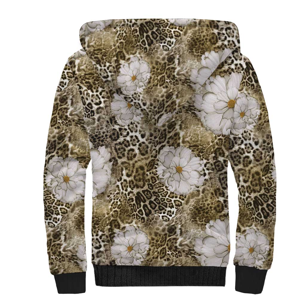 African Leopard Floral Pattern Sherpa Hoodie Sahara Pearl
