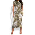 African Leopard Floral Pattern Short Sleeve Bodycon Dress Sahara Pearl