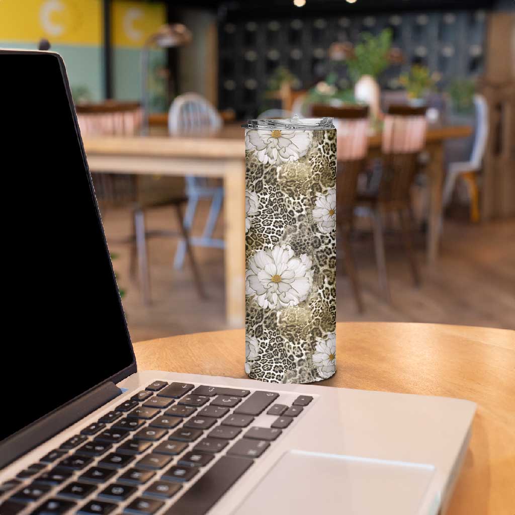 African Leopard Floral Pattern Skinny Tumbler Sahara Pearl