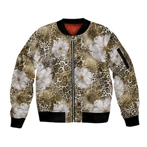 African Leopard Floral Pattern Sleeve Zip Bomber Jacket Sahara Pearl