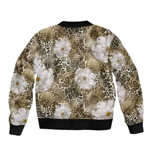 African Leopard Floral Pattern Sleeve Zip Bomber Jacket Sahara Pearl