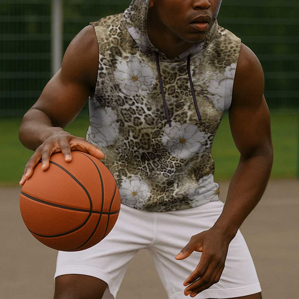 African Leopard Floral Pattern Sleeveless Hoodie Sahara Pearl