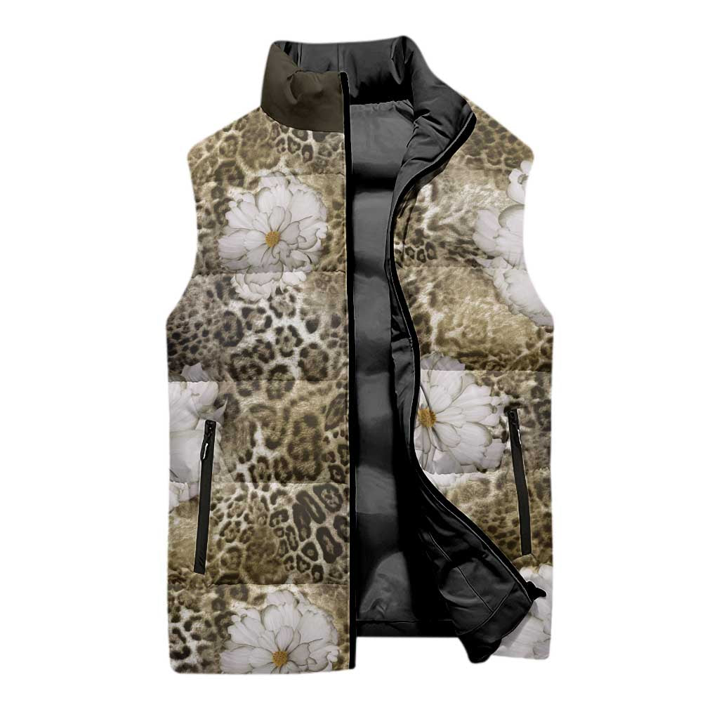 African Leopard Floral Pattern Sleeveless Puffer Jacket Sahara Pearl