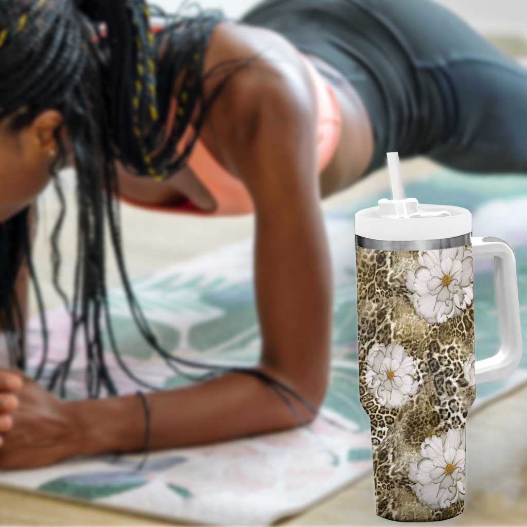 African Leopard Floral Pattern Tumbler With Handle Sahara Pearl