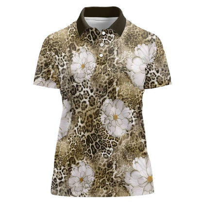 African Leopard Floral Pattern Women Polo Shirt Sahara Pearl