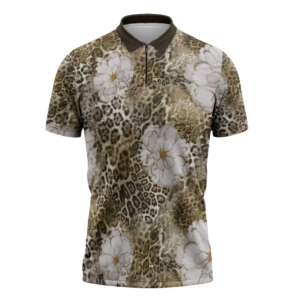 African Leopard Floral Pattern Zipper Polo Shirt Sahara Pearl