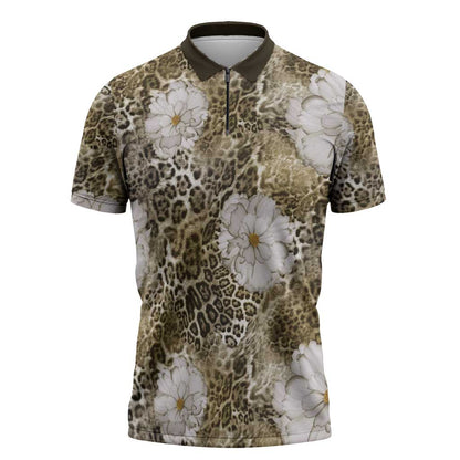 African Leopard Floral Pattern Zipper Polo Shirt Sahara Pearl