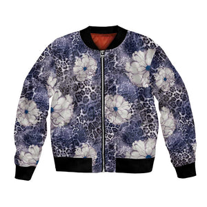 African Leopard Floral Pattern Bomber Jacket Nile Indigo