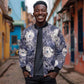 African Leopard Floral Pattern Bomber Jacket Nile Indigo