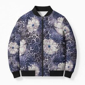 African Leopard Floral Pattern Bomber Puffer Jacket Nile Indigo