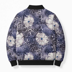 African Leopard Floral Pattern Bomber Puffer Jacket Nile Indigo