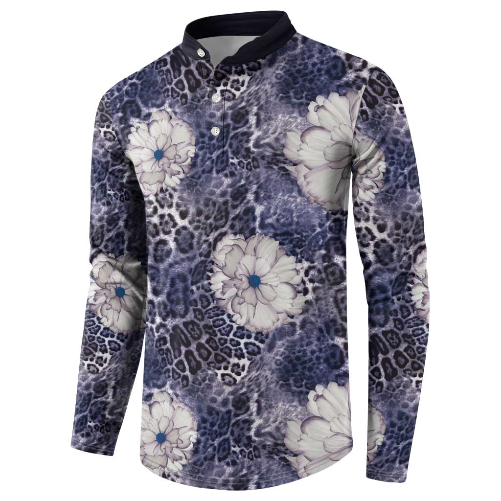 African Leopard Floral Pattern Button Sweatshirt Nile Indigo
