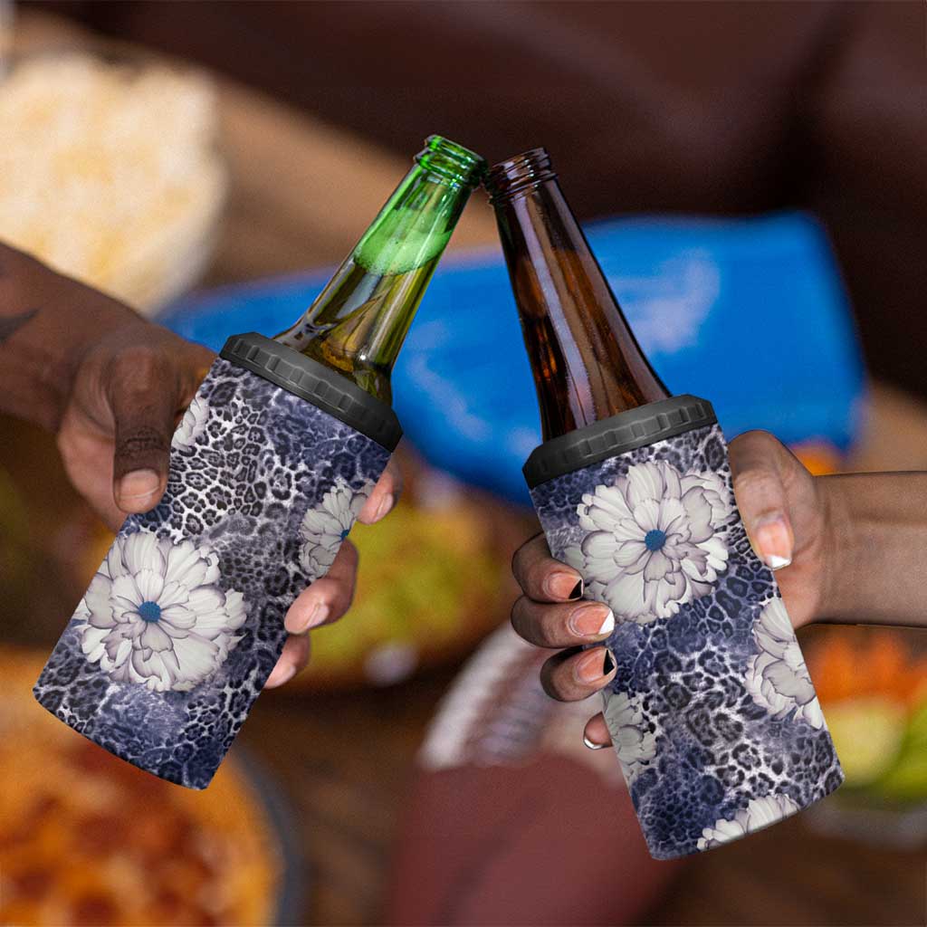 African Leopard Floral Pattern 4 in 1 Can Cooler Tumbler Nile Indigo