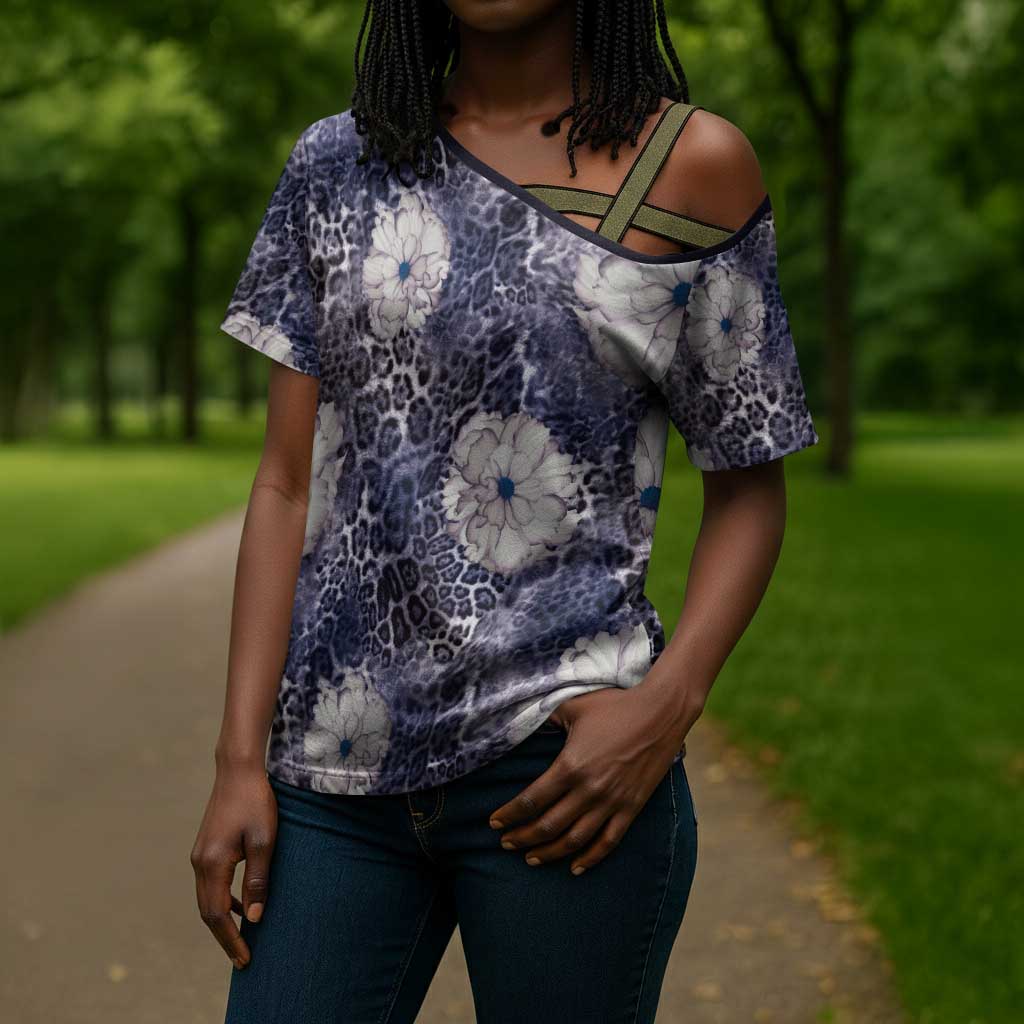 African Leopard Floral Pattern Cross Shoulder Shirt Nile Indigo
