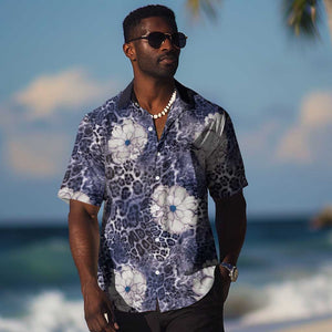 African Leopard Floral Pattern Hawaiian Shirt Nile Indigo