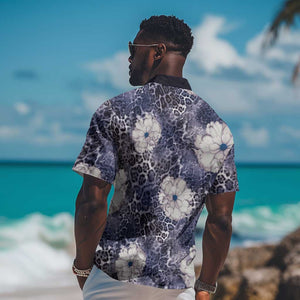 African Leopard Floral Pattern Hawaiian Shirt Nile Indigo