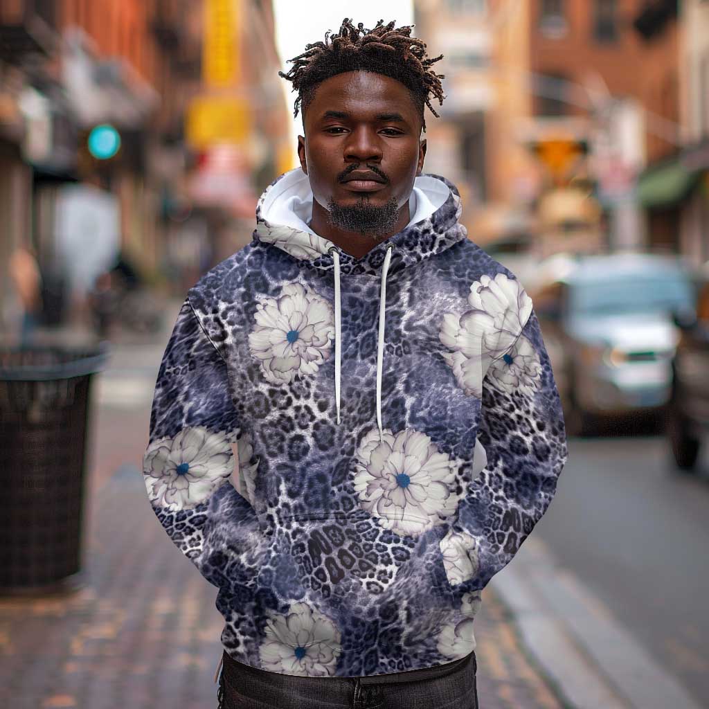 African Leopard Floral Pattern Hoodie Nile Indigo