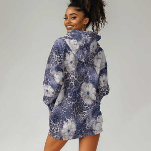 African Leopard Floral Pattern Hoodie Dress Nile Indigo