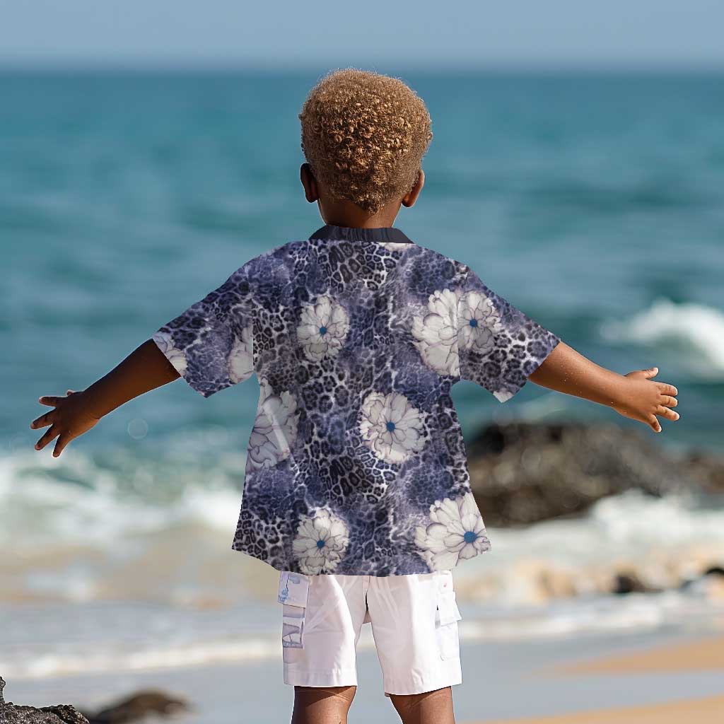 African Leopard Floral Pattern Kid Hawaiian Shirt Nile Indigo