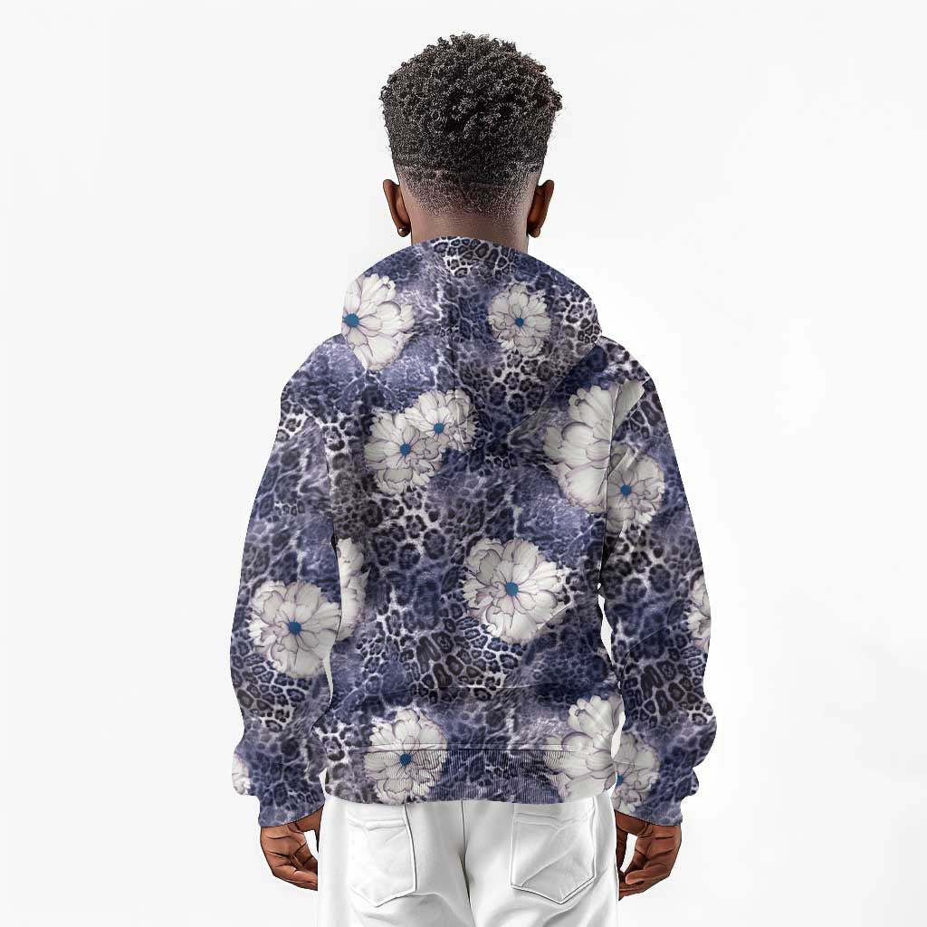 African Leopard Floral Pattern Kid Hoodie Nile Indigo