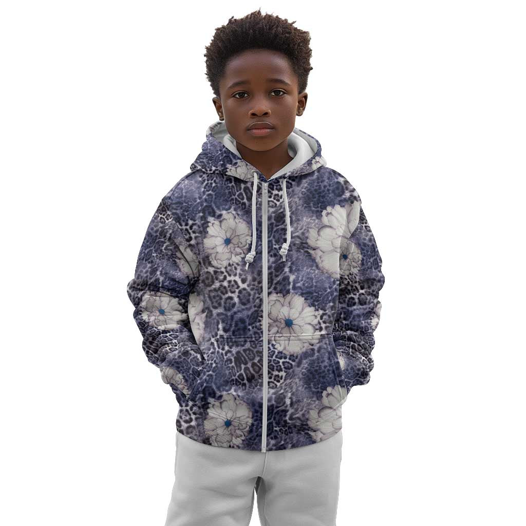 African Leopard Floral Pattern Kid Hoodie Nile Indigo