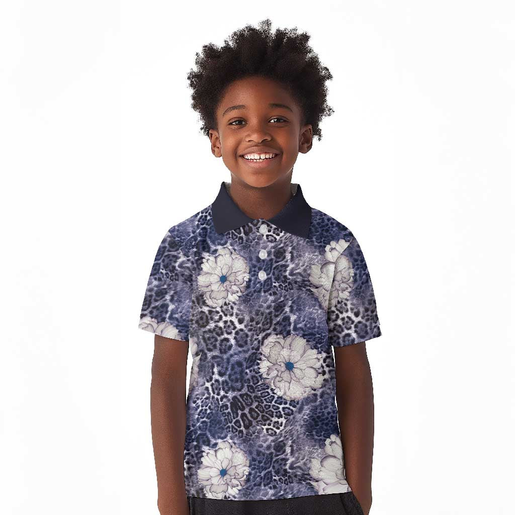 African Leopard Floral Pattern Kid Polo Shirt Nile Indigo