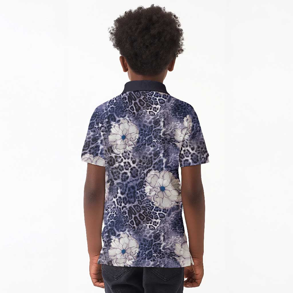 African Leopard Floral Pattern Kid Polo Shirt Nile Indigo