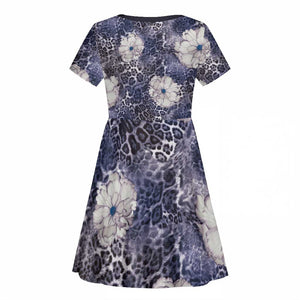 African Leopard Floral Pattern Kid Short Sleeve Dress Nile Indigo