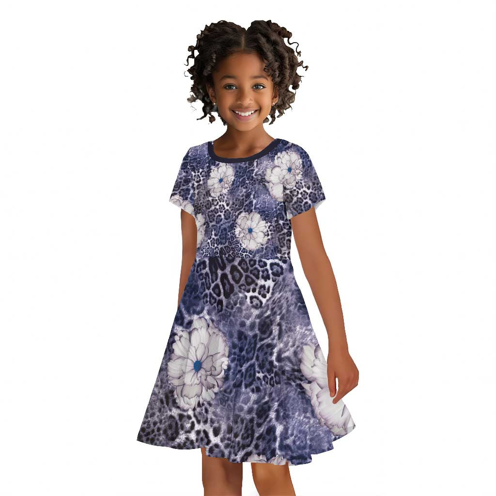 African Leopard Floral Pattern Kid Short Sleeve Dress Nile Indigo