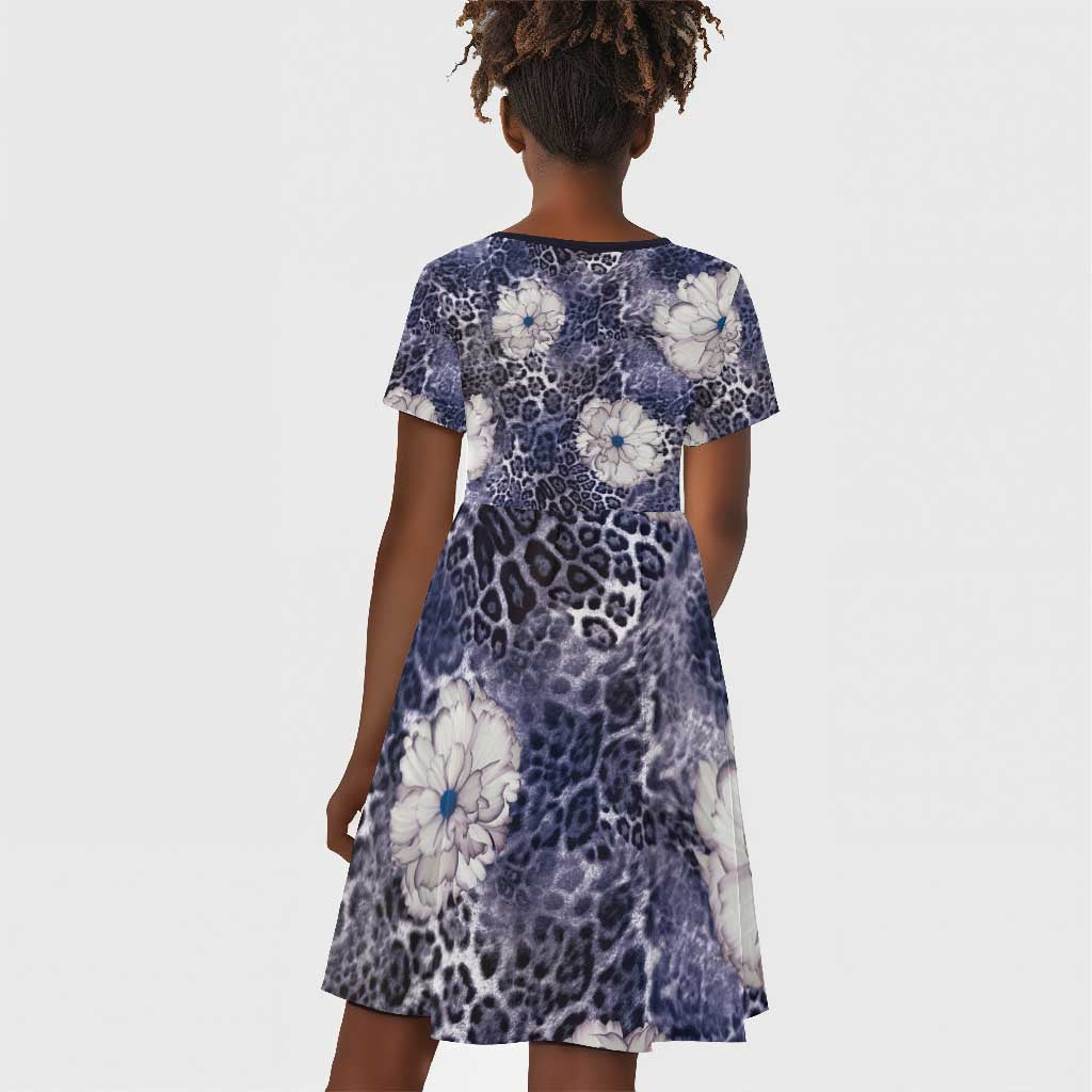 African Leopard Floral Pattern Kid Short Sleeve Dress Nile Indigo