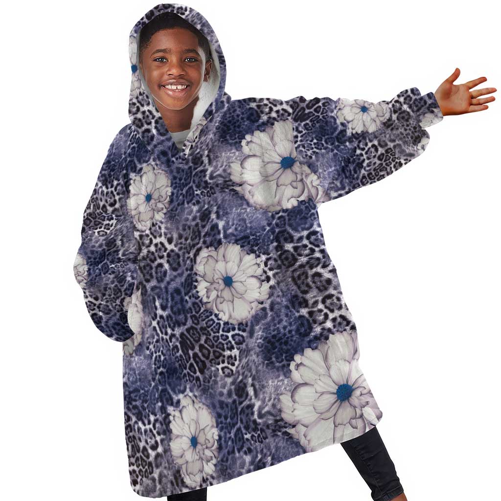 African Leopard Floral Pattern Kid Wearable Blanket Hoodie Nile Indigo