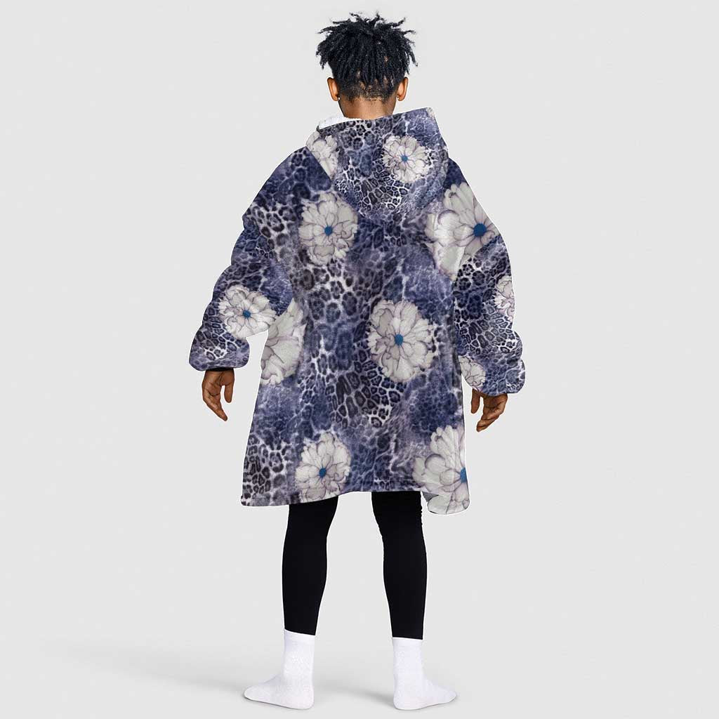 African Leopard Floral Pattern Kid Wearable Blanket Hoodie Nile Indigo