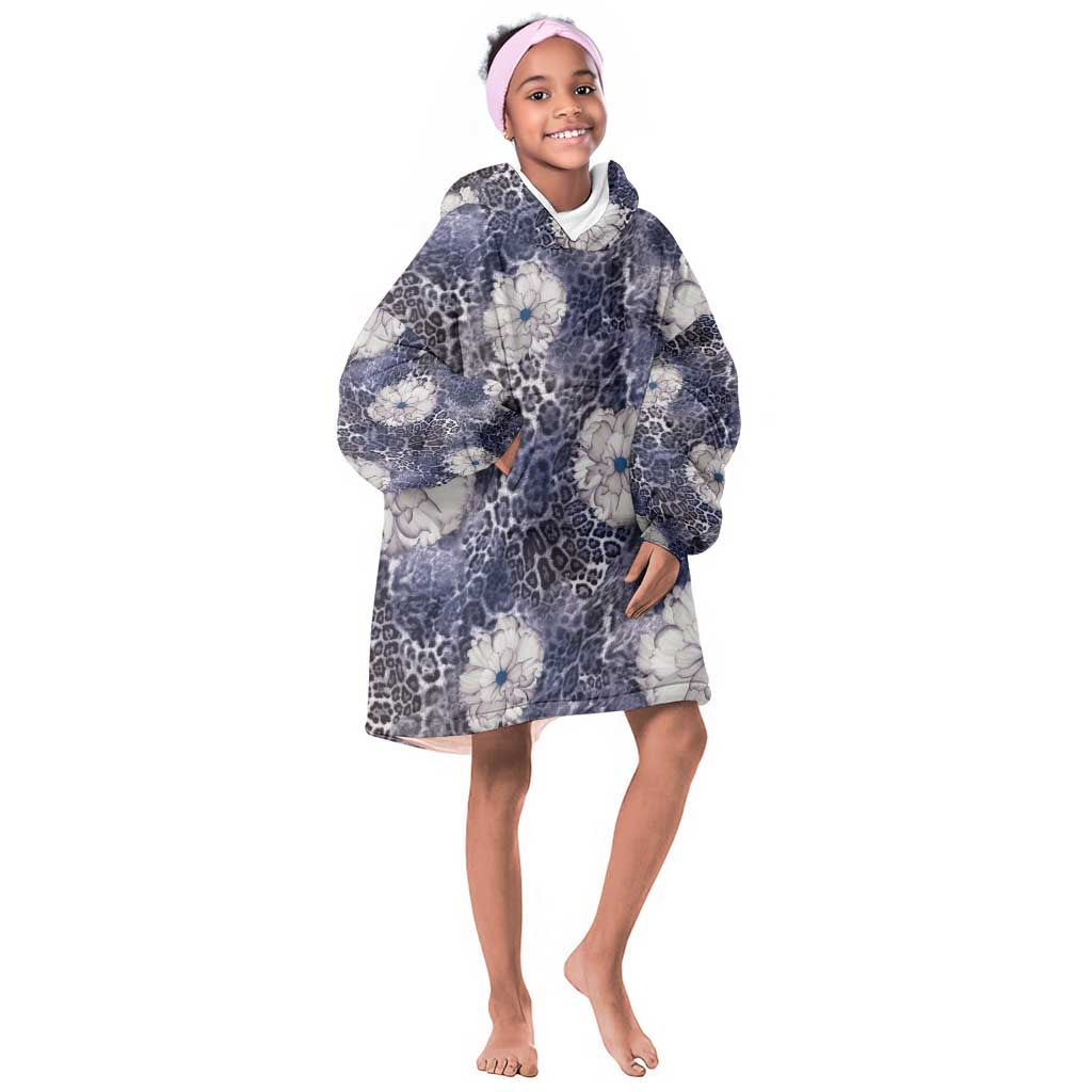 African Leopard Floral Pattern Kid Wearable Blanket Hoodie Nile Indigo