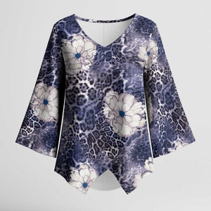 African Leopard Floral Pattern Kimono Sleeve Blouse Nile Indigo