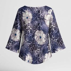 African Leopard Floral Pattern Kimono Sleeve Blouse Nile Indigo
