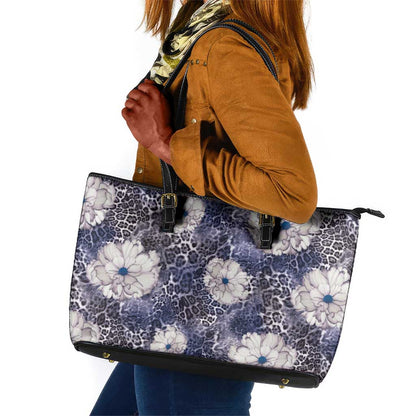 African Leopard Floral Pattern Leather Tote Bag Nile Indigo