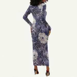 African Leopard Floral Pattern Long Sleeve Bodycon Dress Nile Indigo