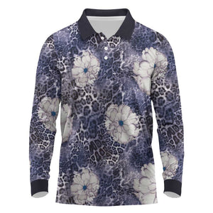 African Leopard Floral Pattern Long Sleeve Polo Shirt Nile Indigo