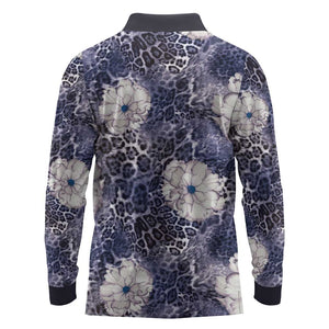 African Leopard Floral Pattern Long Sleeve Polo Shirt Nile Indigo