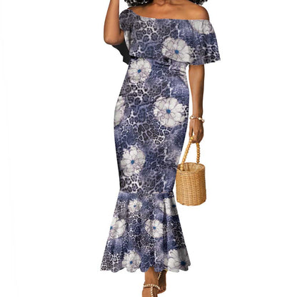African Leopard Floral Pattern Mermaid Dress Nile Indigo