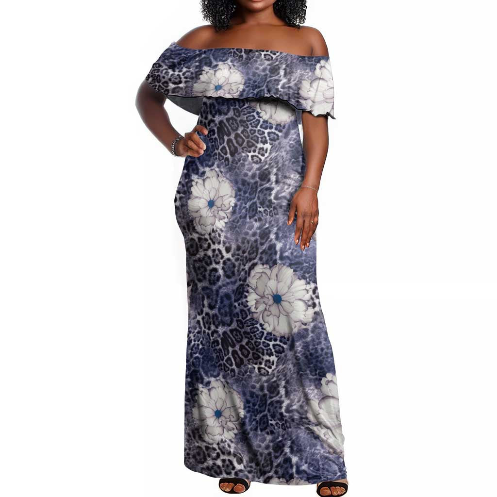 African Leopard Floral Pattern Off Shoulder Maxi Dress Nile Indigo