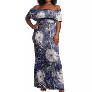 African Leopard Floral Pattern Off Shoulder Maxi Dress Nile Indigo