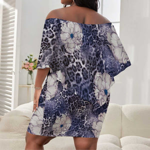 African Leopard Floral Pattern Off Shoulder Short Dress Nile Indigo