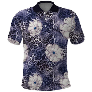 African Leopard Floral Pattern Polo Shirt Nile Indigo
