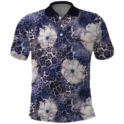 African Leopard Floral Pattern Polo Shirt Nile Indigo