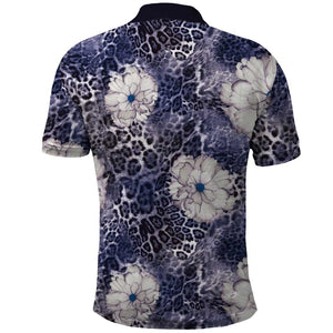 African Leopard Floral Pattern Polo Shirt Nile Indigo
